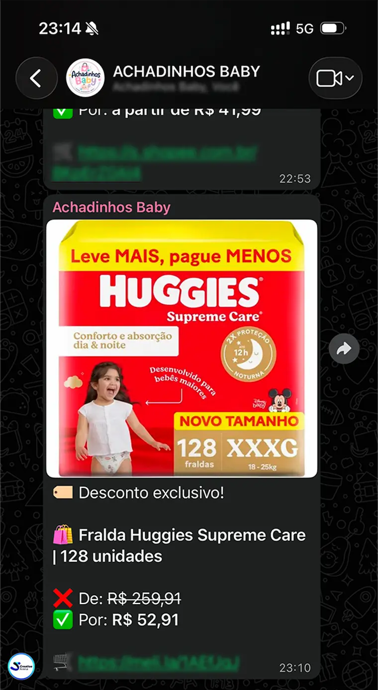 Print do grupo: fralda Huggies Supreme Care 128 unidades de R$ 259,91 por R$ 52,91